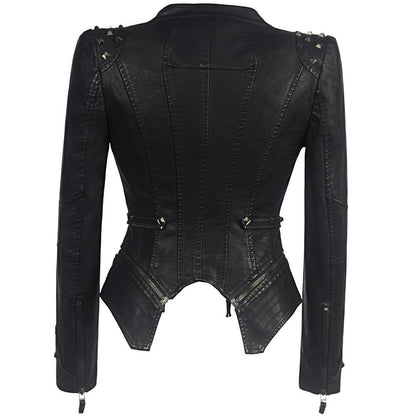 Zwart Leren Dames Jas Body Con met Rits en Studs