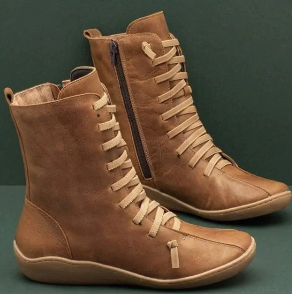 Women's Warm Leather Winter Boots with Laces and Side Zippers