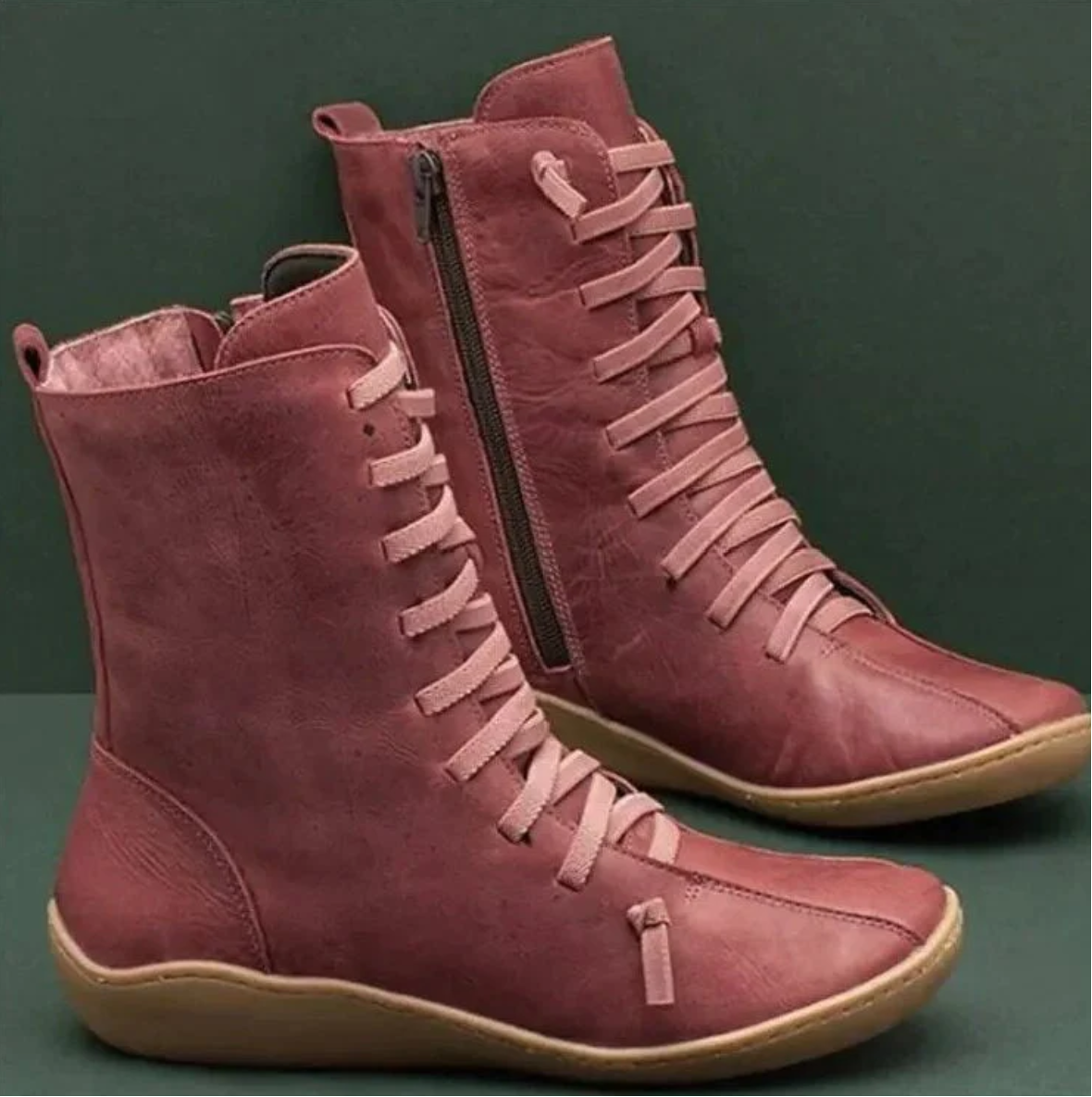 Women's Warm Leather Winter Boots with Laces and Side Zippers
