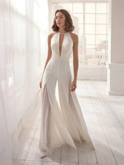 Elegante Dames Jumpsuit Met Open Rug En Halterhals