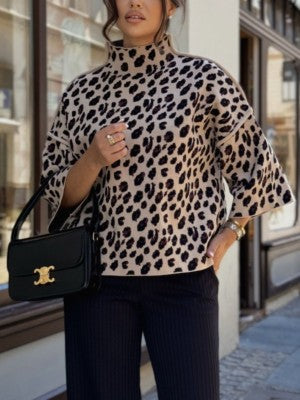 Dames Gebreide Coltrui met Panterprint en Halflange Mouwen