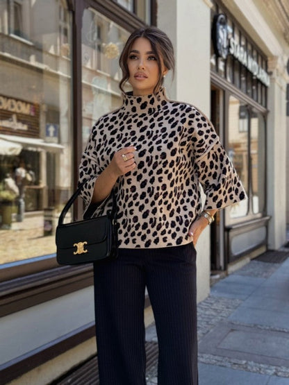 Dames Gebreide Coltrui met Panterprint en Halflange Mouwen