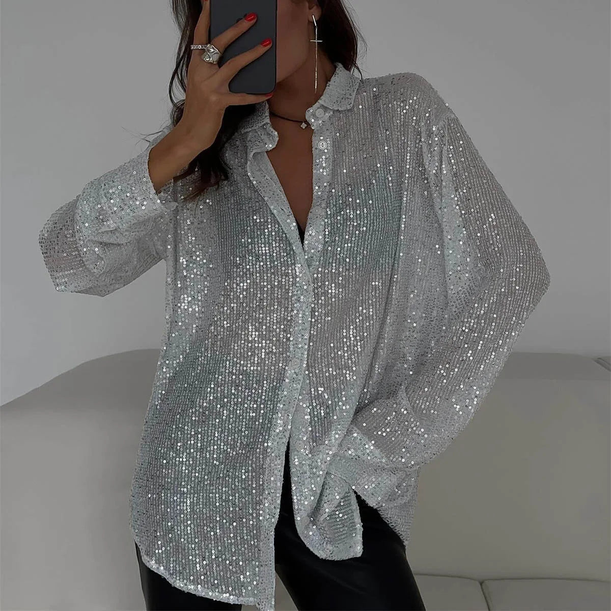 Vrouwen Pailletten Blouse Oversized met Lange Mouwen