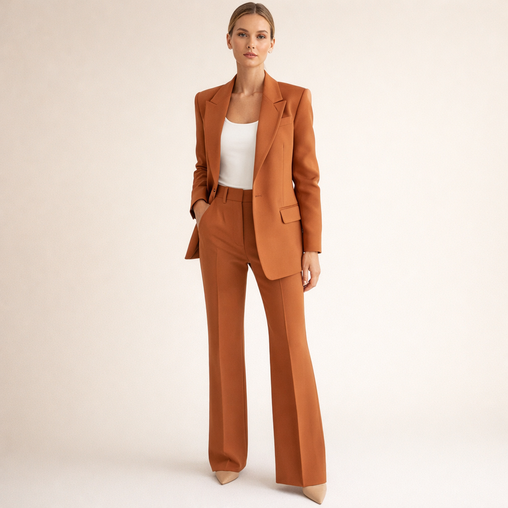 Dames Tijdloos Pak met Uitlopende Broek en Reverskraag