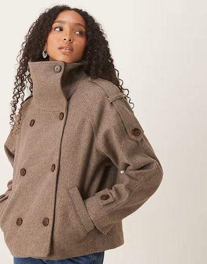 Korte Pea Coat voor Dames met Hoge Kraag en Dubbele Knoopsluiting
