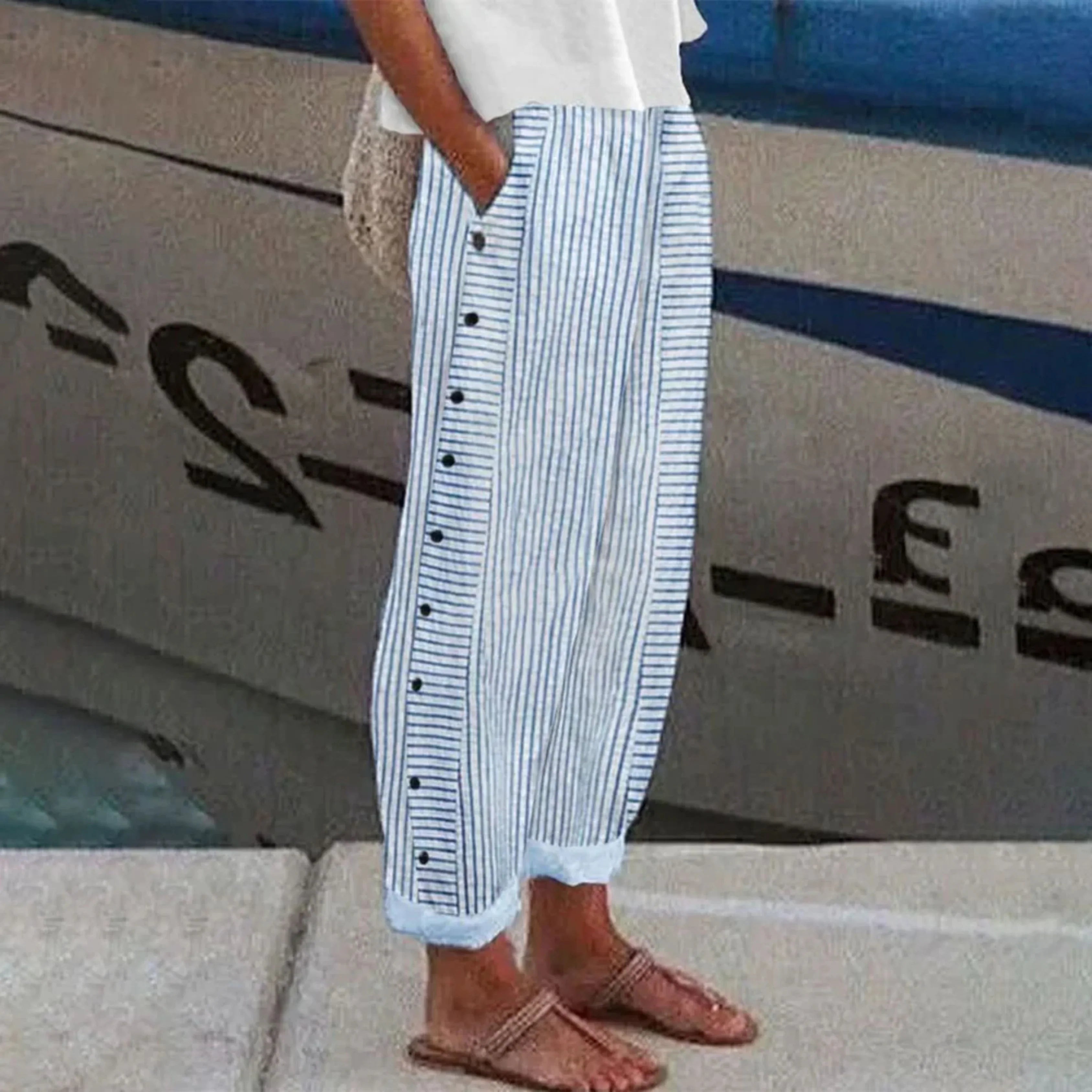 Summer Striped Pants for Women with Straight Legs
