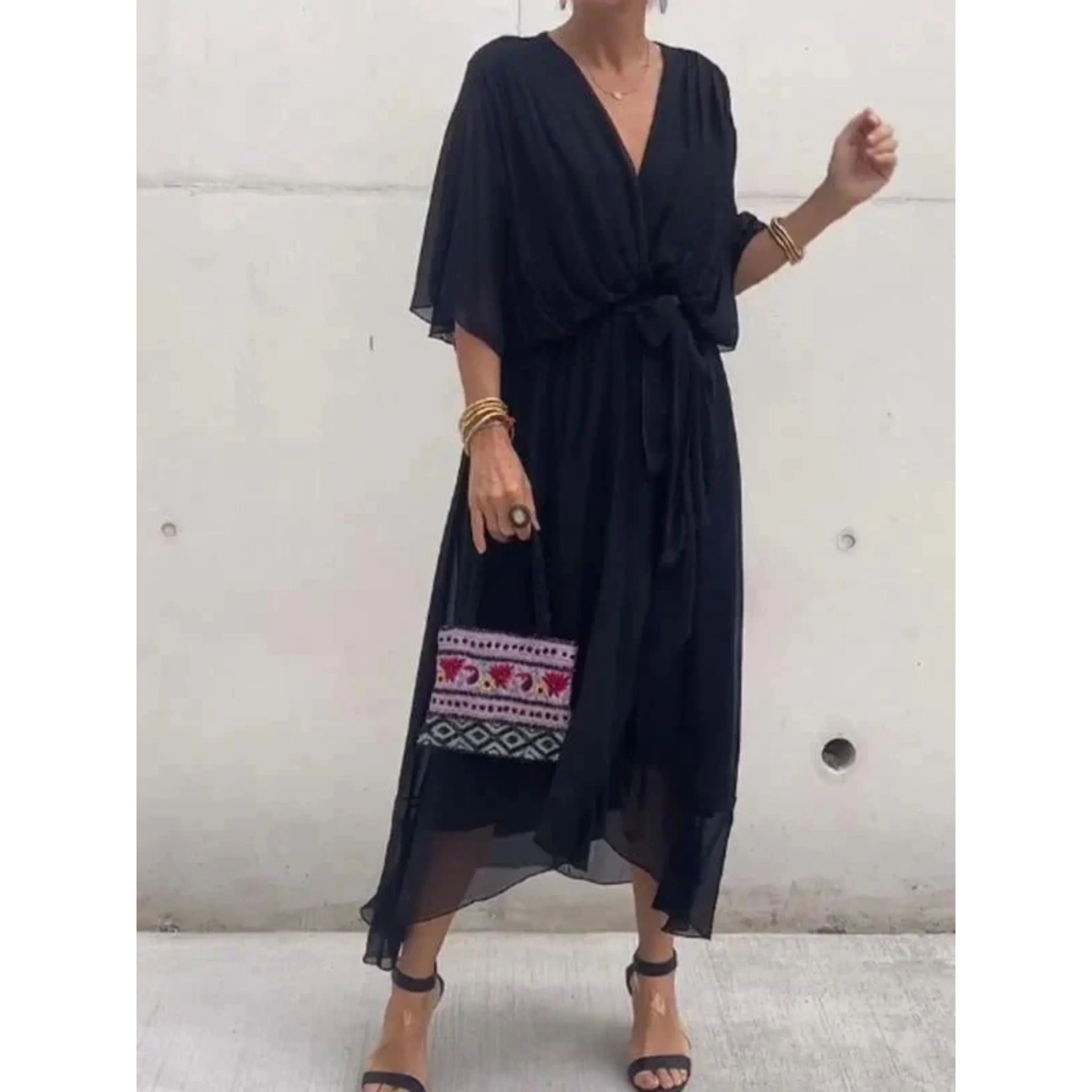 Midi wrap dress with V-neck and waist tie for women