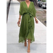 Midi wrap dress with V-neck and waist tie for women