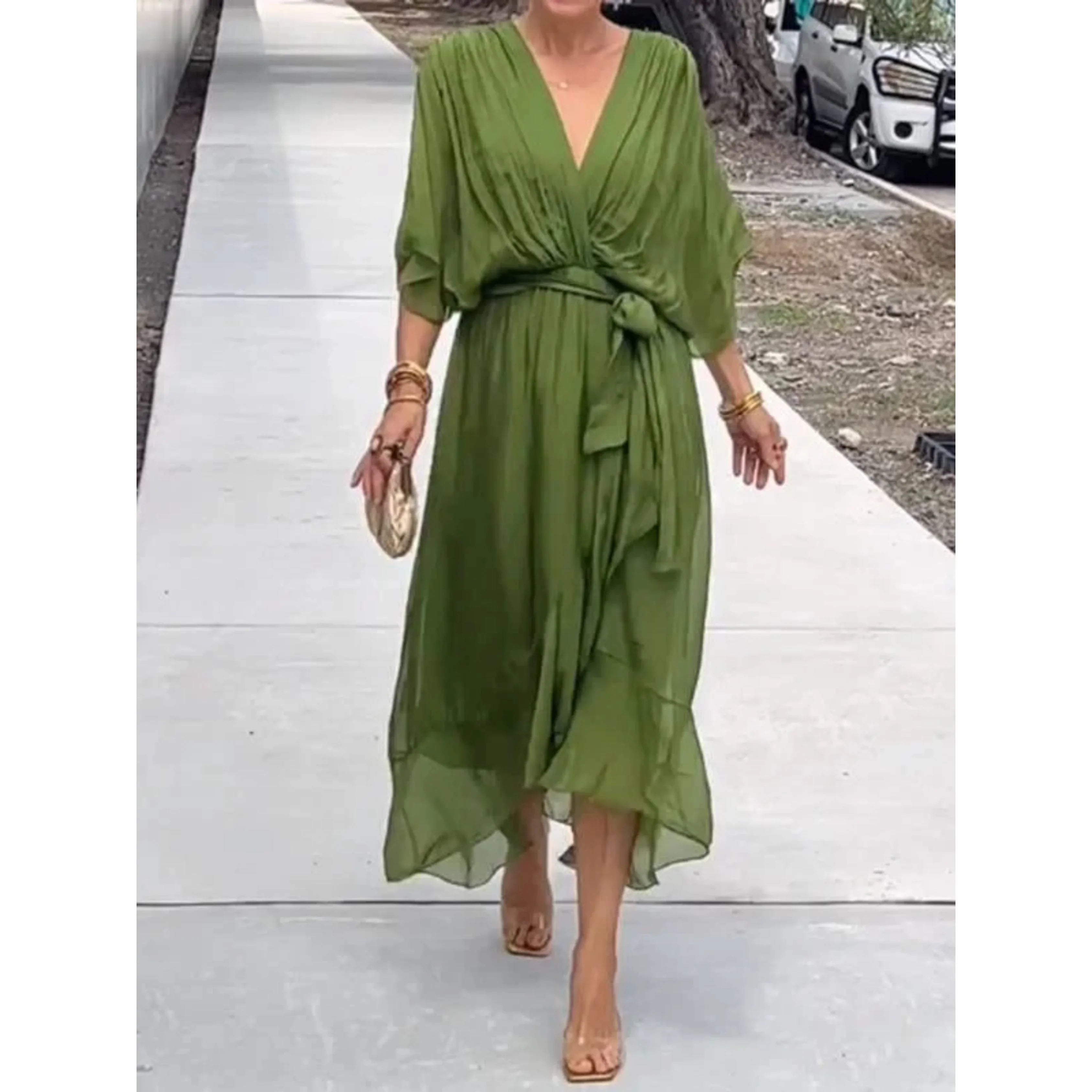 Midi wrap dress with V-neck and waist tie for women