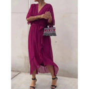 Midi wrap dress with V-neck and waist tie for women