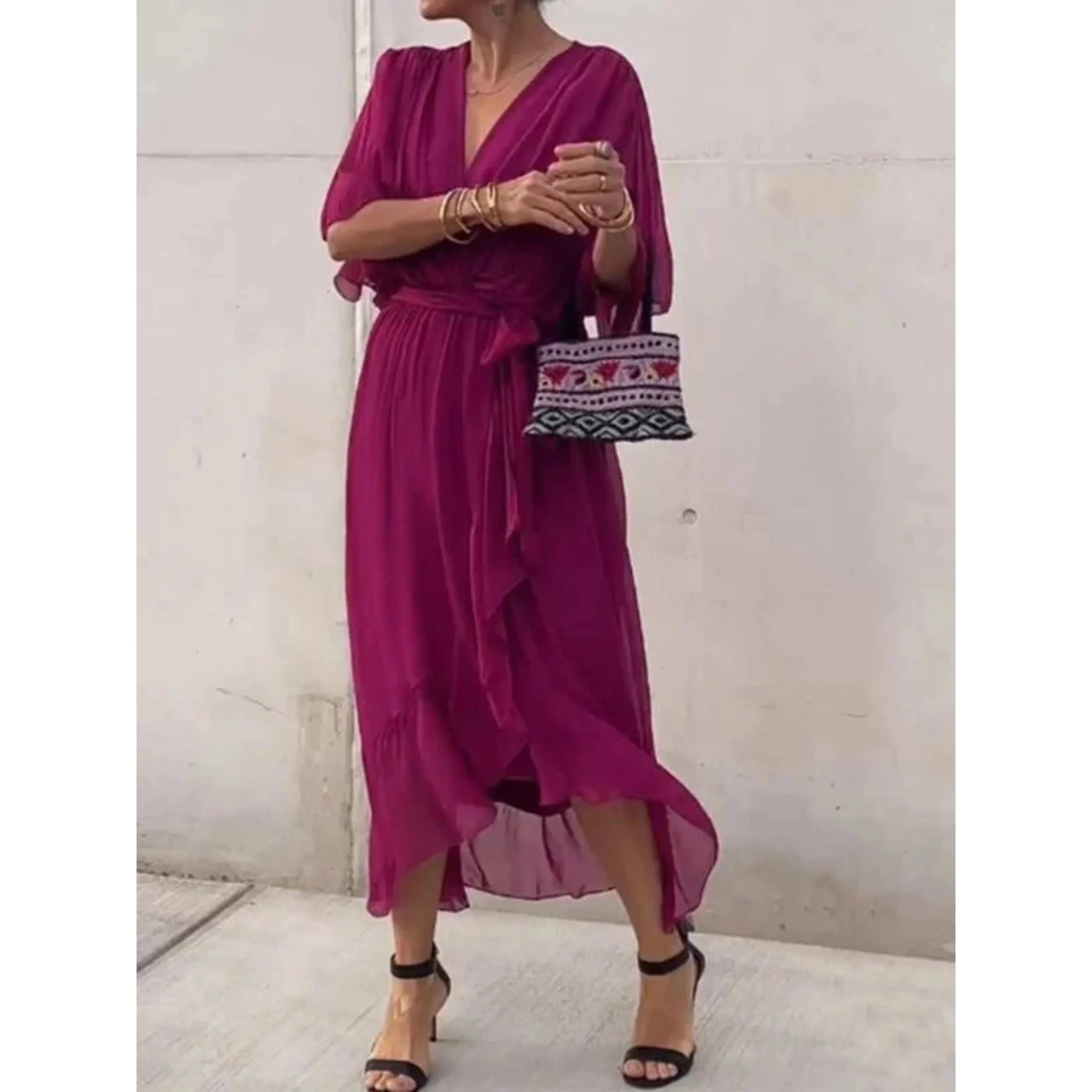 Midi wrap dress with V-neck and waist tie for women