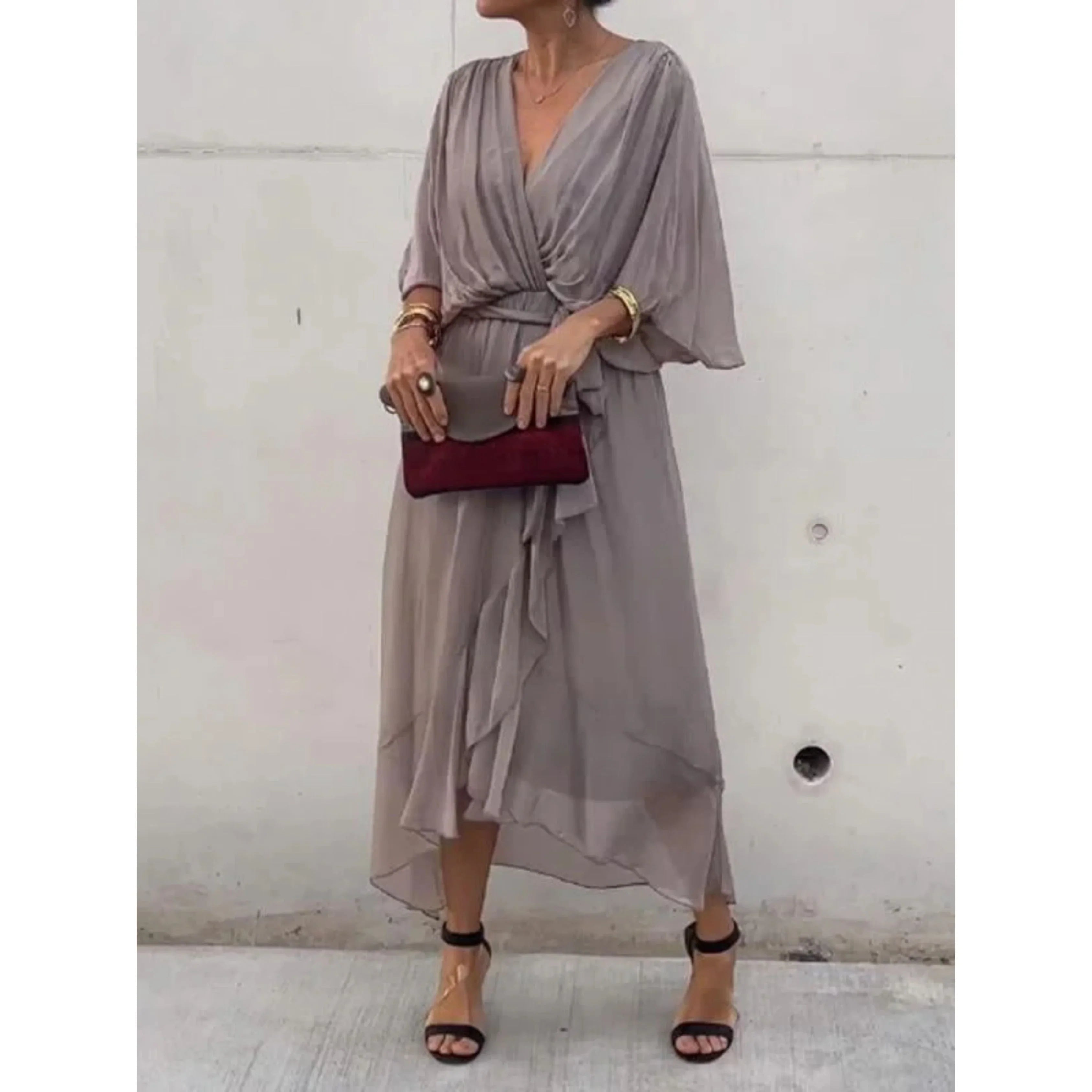 Midi wrap dress with V-neck and waist tie for women