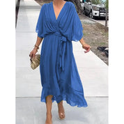 Midi wrap dress with V-neck and waist tie for women