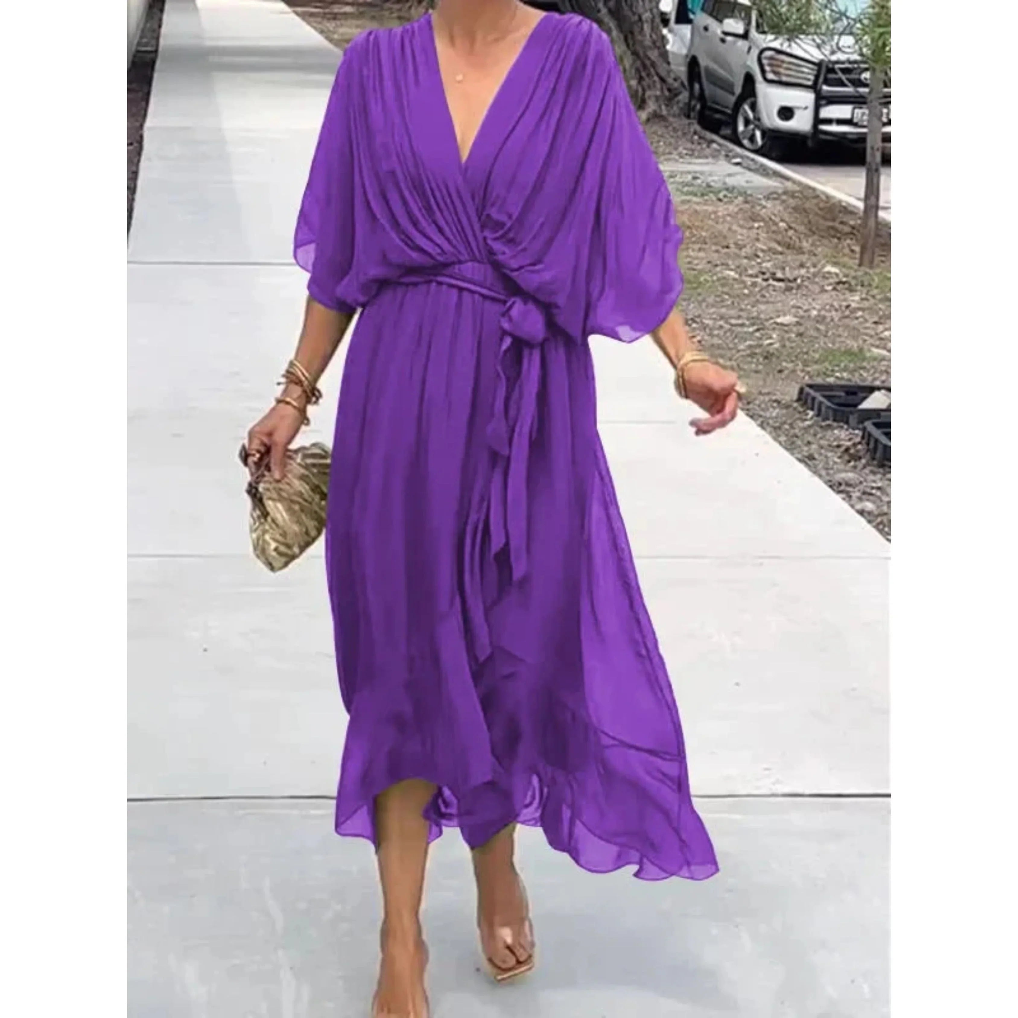 Midi wrap dress with V-neck and waist tie for women