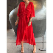 Midi wrap dress with V-neck and waist tie for women