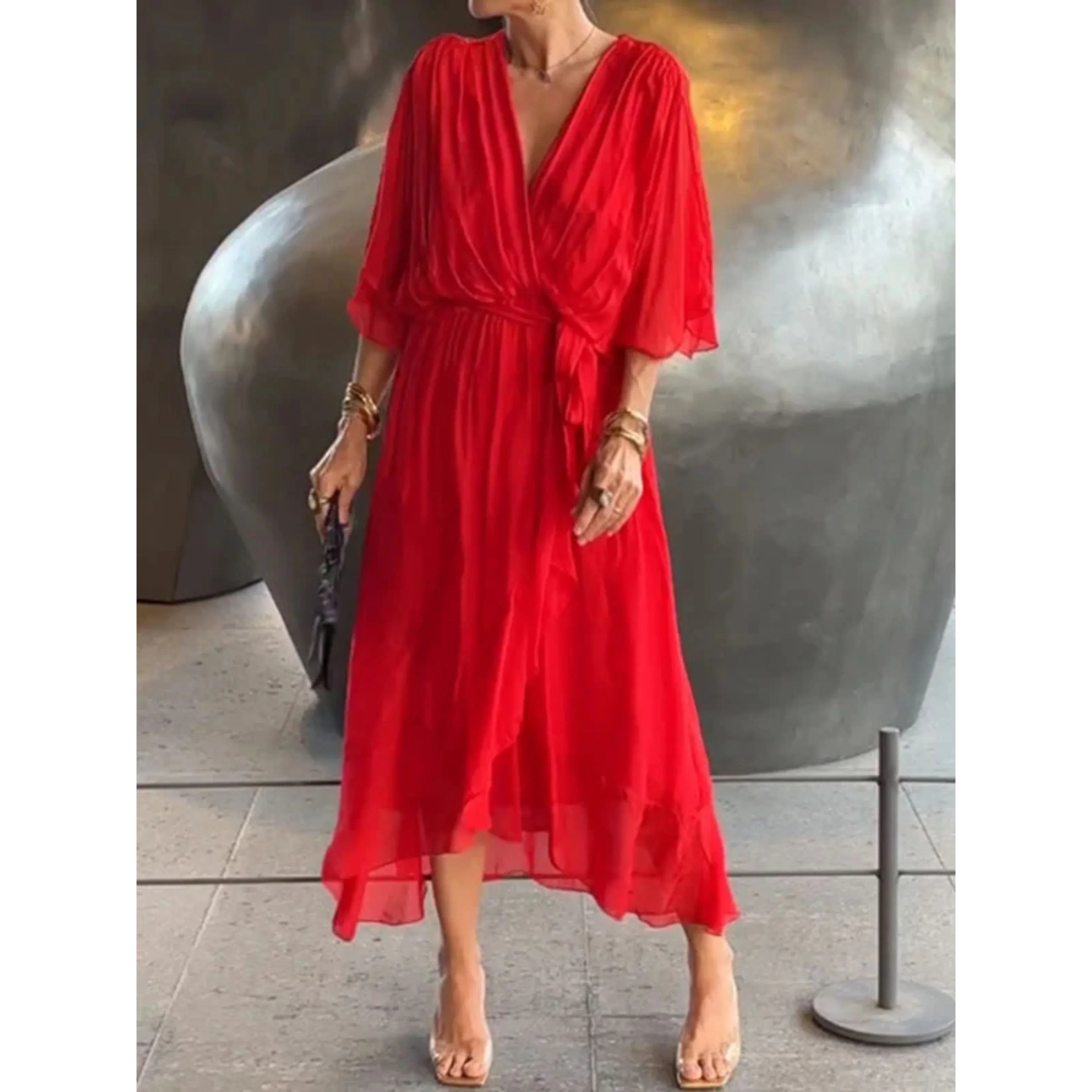 Midi wrap dress with V-neck and waist tie for women