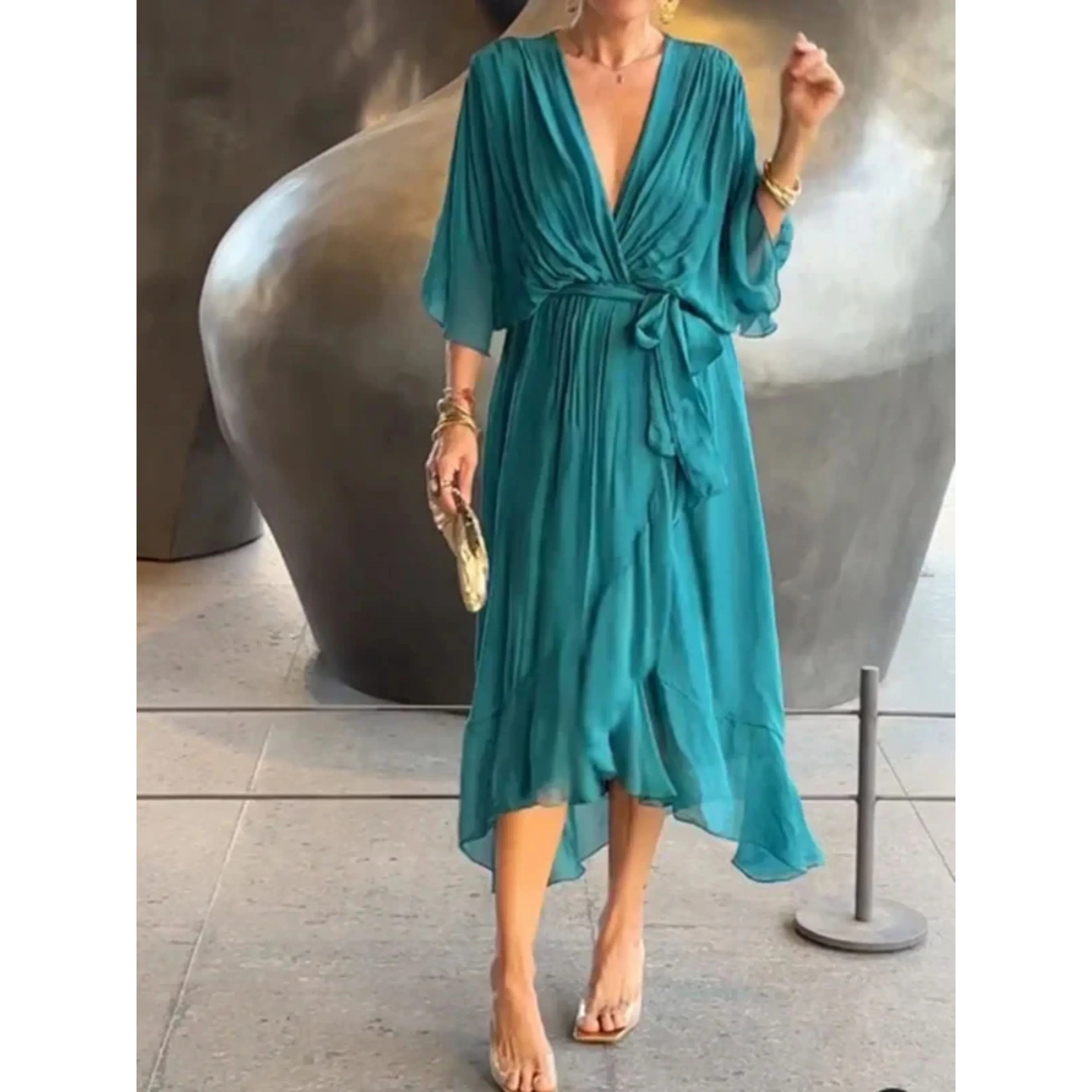 Midi wrap dress with V-neck and waist tie for women