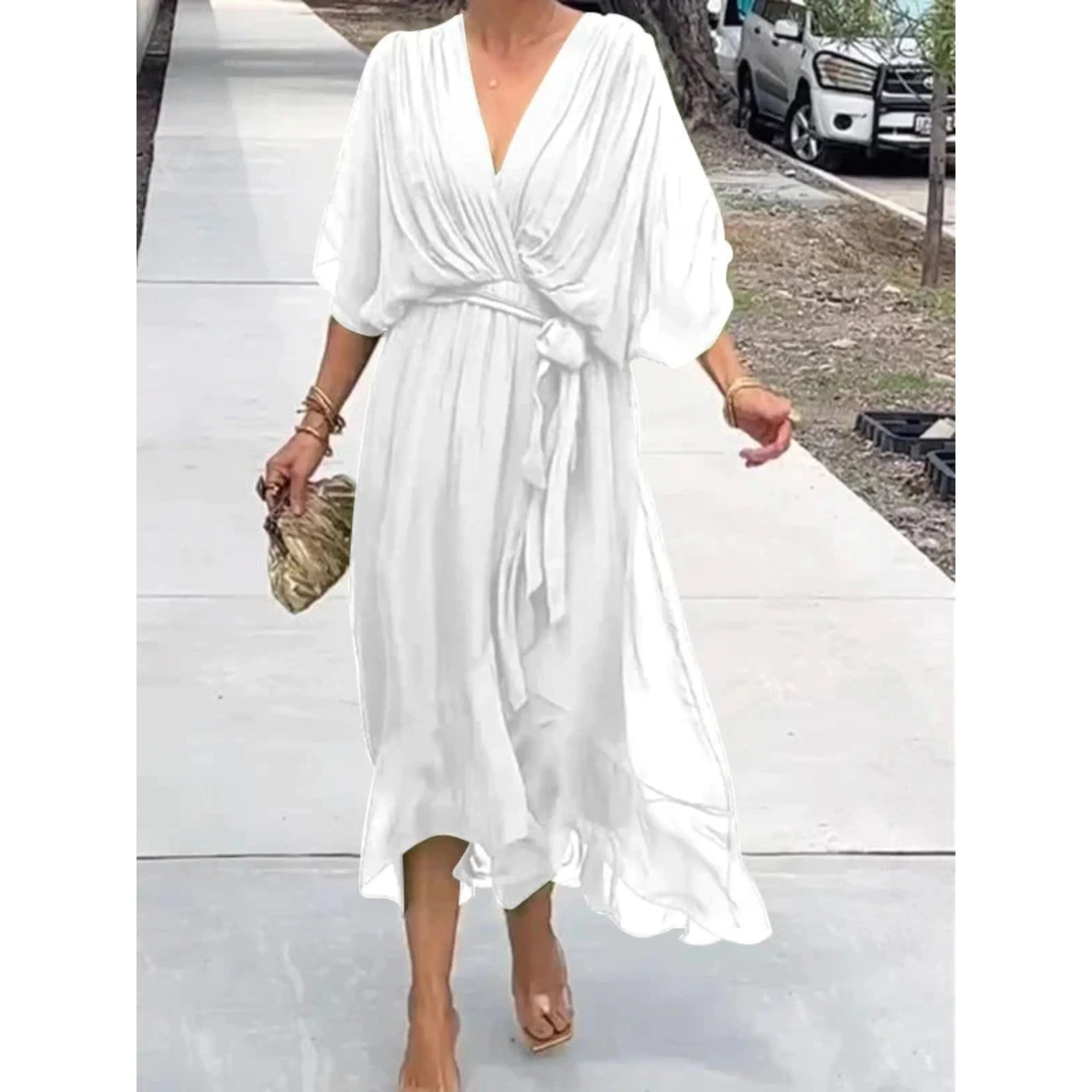 Midi wrap dress with V-neck and waist tie for women