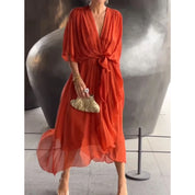 Midi wrap dress with V-neck and waist tie for women