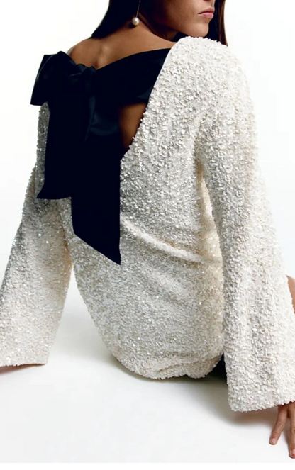 Glitter Chique Vrouwen Mini Cocktailjurk Open Rug Met Strik
