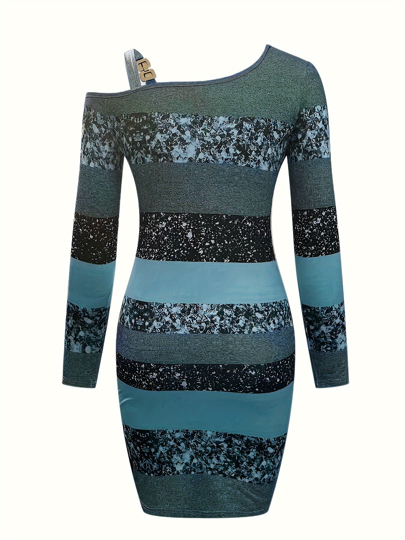 Glitter One-Shoulder Gestreepte Bodycon Mini Jurk Met Schoudergesp