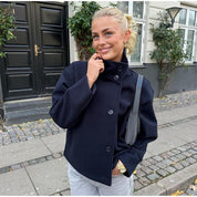 Double-Breasted Women's Peacoat in Wool Blend with Wide Sleeves