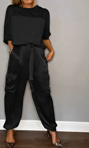 Women's Set with Satin Top and Cargo Pants