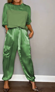 Women's Set with Satin Top and Cargo Pants