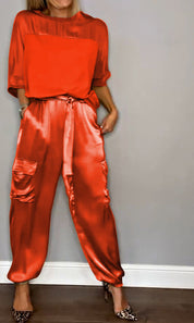 Women's Set with Satin Top and Cargo Pants