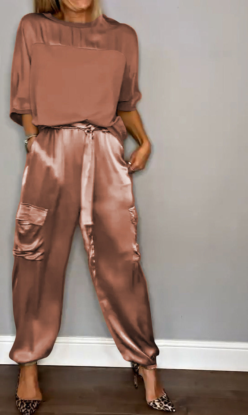 Women's Set with Satin Top and Cargo Pants