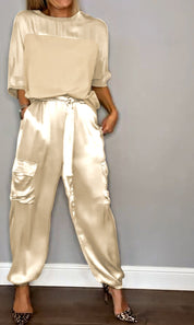 Women's Set with Satin Top and Cargo Pants