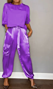 Women's Set with Satin Top and Cargo Pants