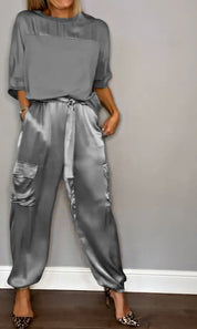 Women's Set with Satin Top and Cargo Pants