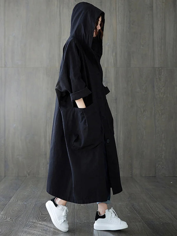 Oversized Midi Trenchcoat Met Capuchon En Grote Zakken Voor Dames