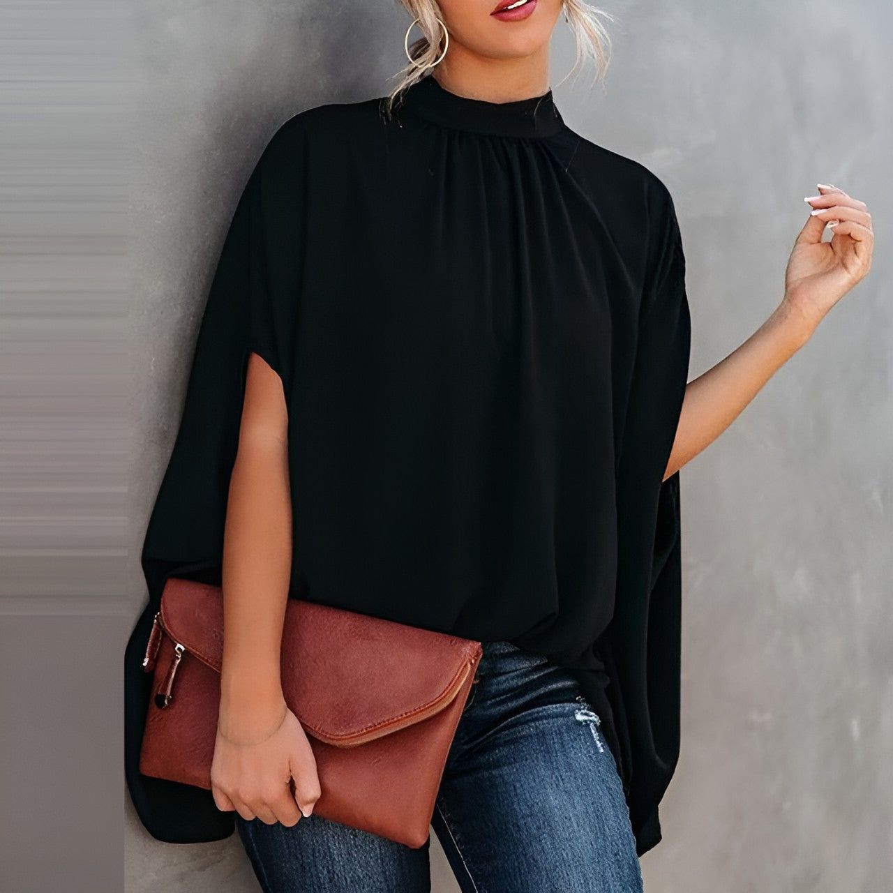 Elegante Blouse met Print en Vleermuismouwen Hoge Hals voor Dames