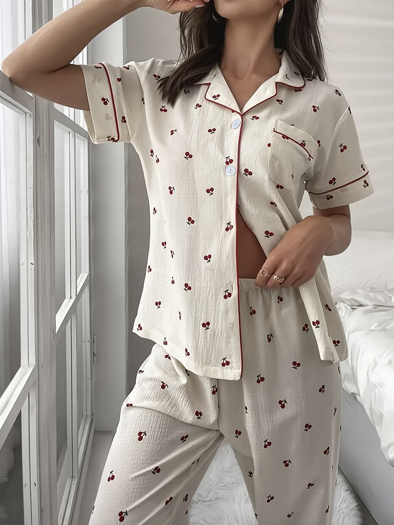 Witte Zachte Print Pyjama Set Vrouwen Korte Mouwen