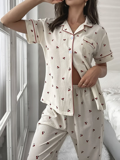 Witte Zachte Print Pyjama Set Vrouwen Korte Mouwen