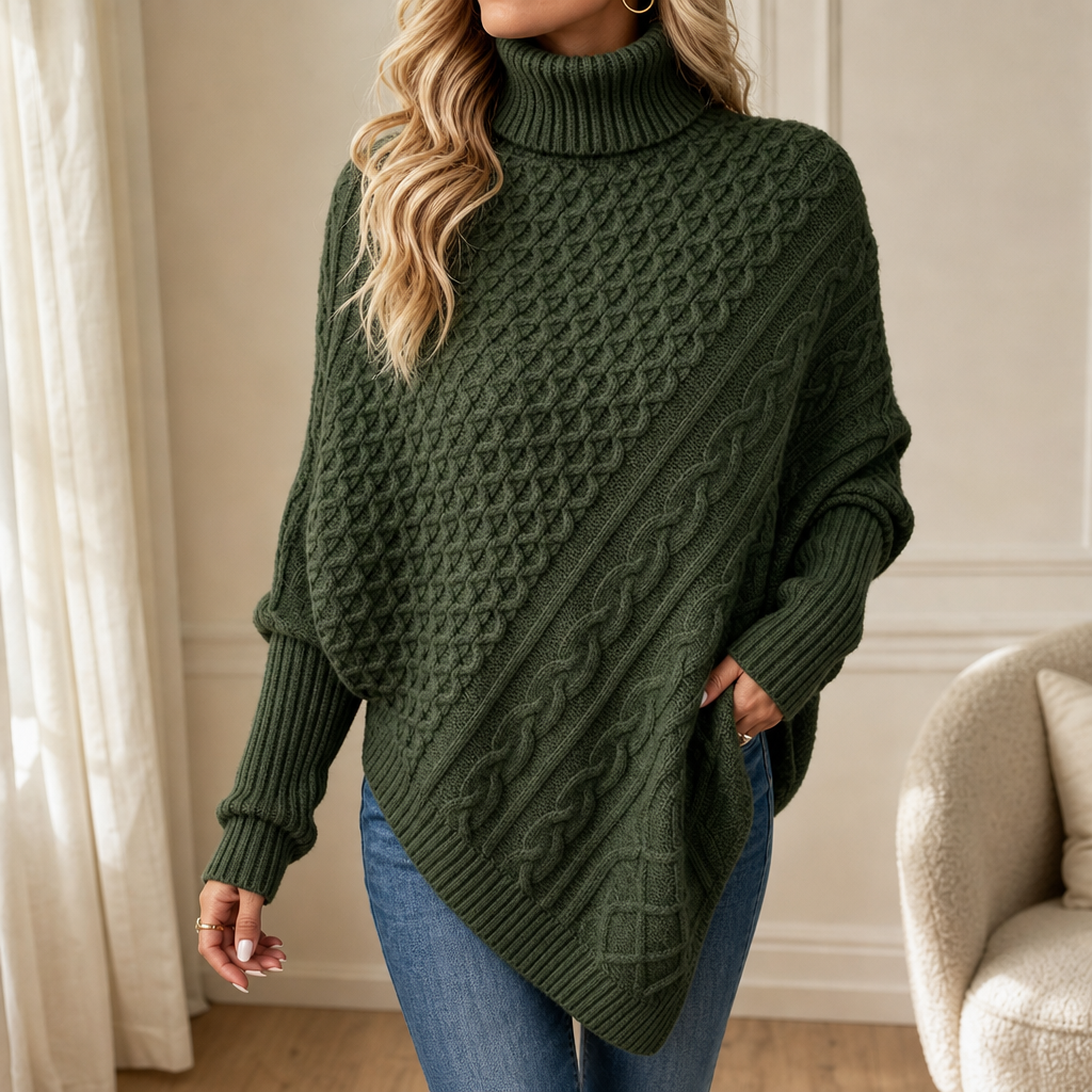 Dames Knusse Kabelgebreide Poncho Trui met Ruime Mouwen