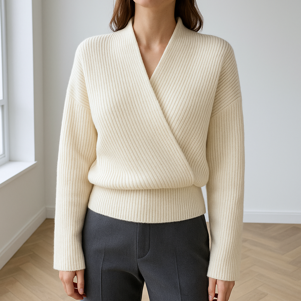 Ribgebreide Wikkeltrui voor Dames met V-hals en Brede Tailleband