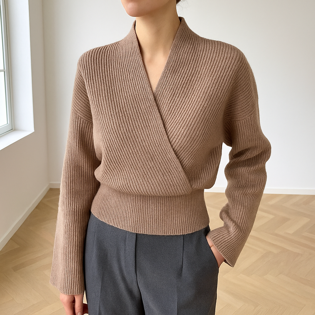 Ribgebreide Wikkeltrui voor Dames met V-hals en Brede Tailleband