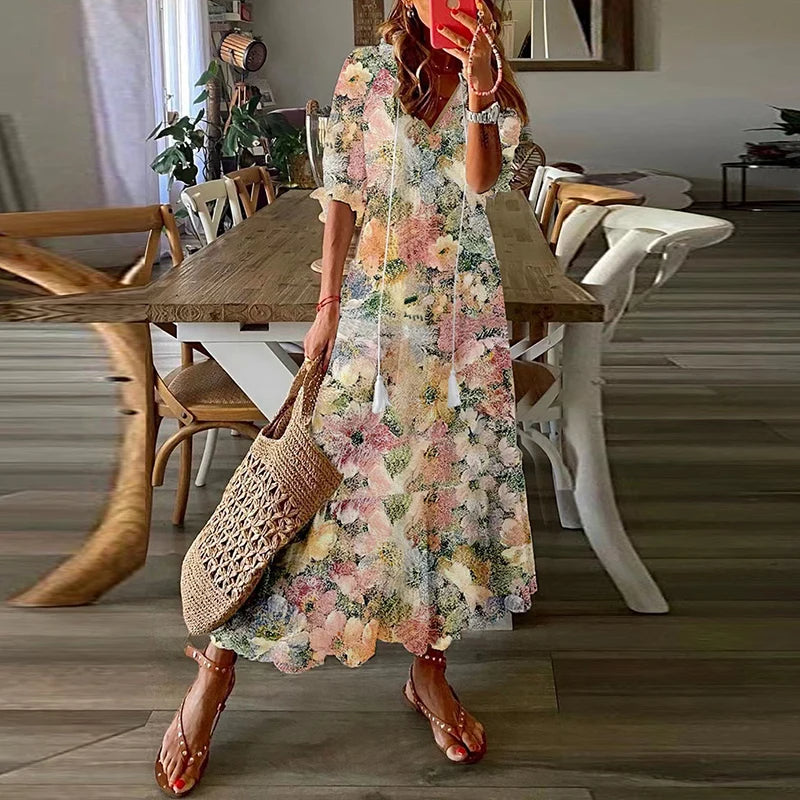 Robe maxi bohème à imprimé floral et col en V