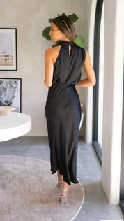 Satin Midi Gala Dress with Halter Neck and Open Back