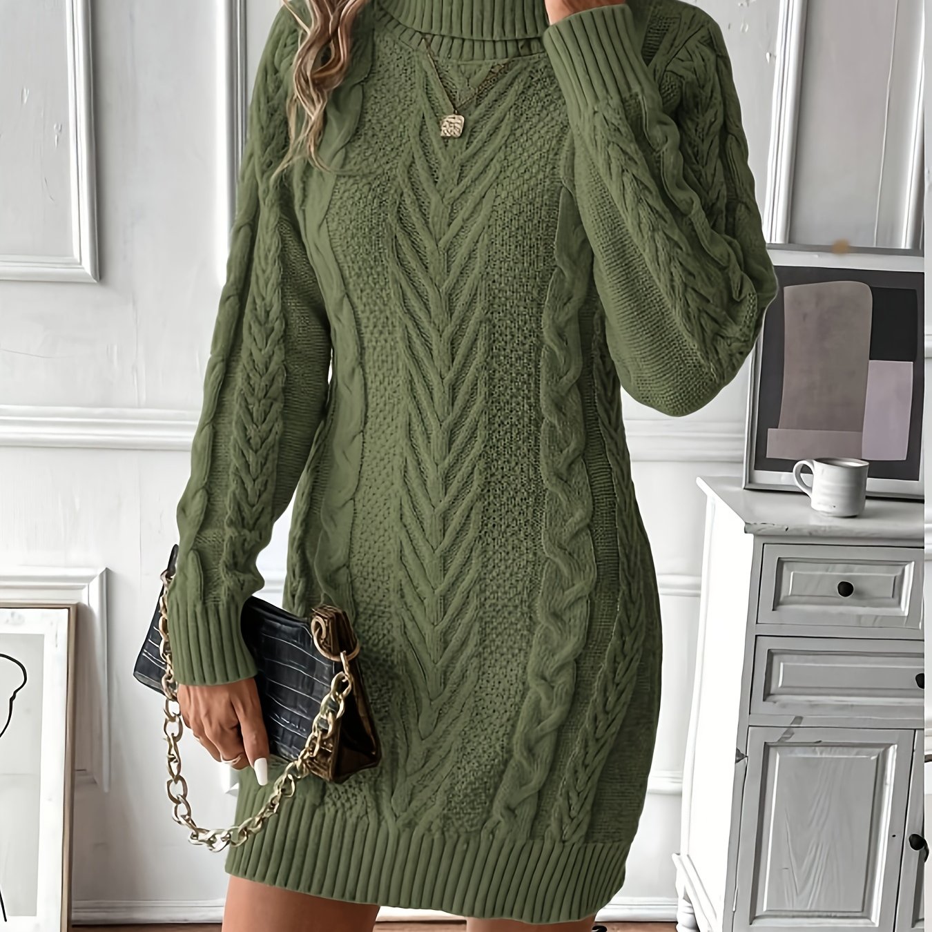 Chique Col Mini Sweaterjurk Voor Vrouwen Met Kabelpatroon