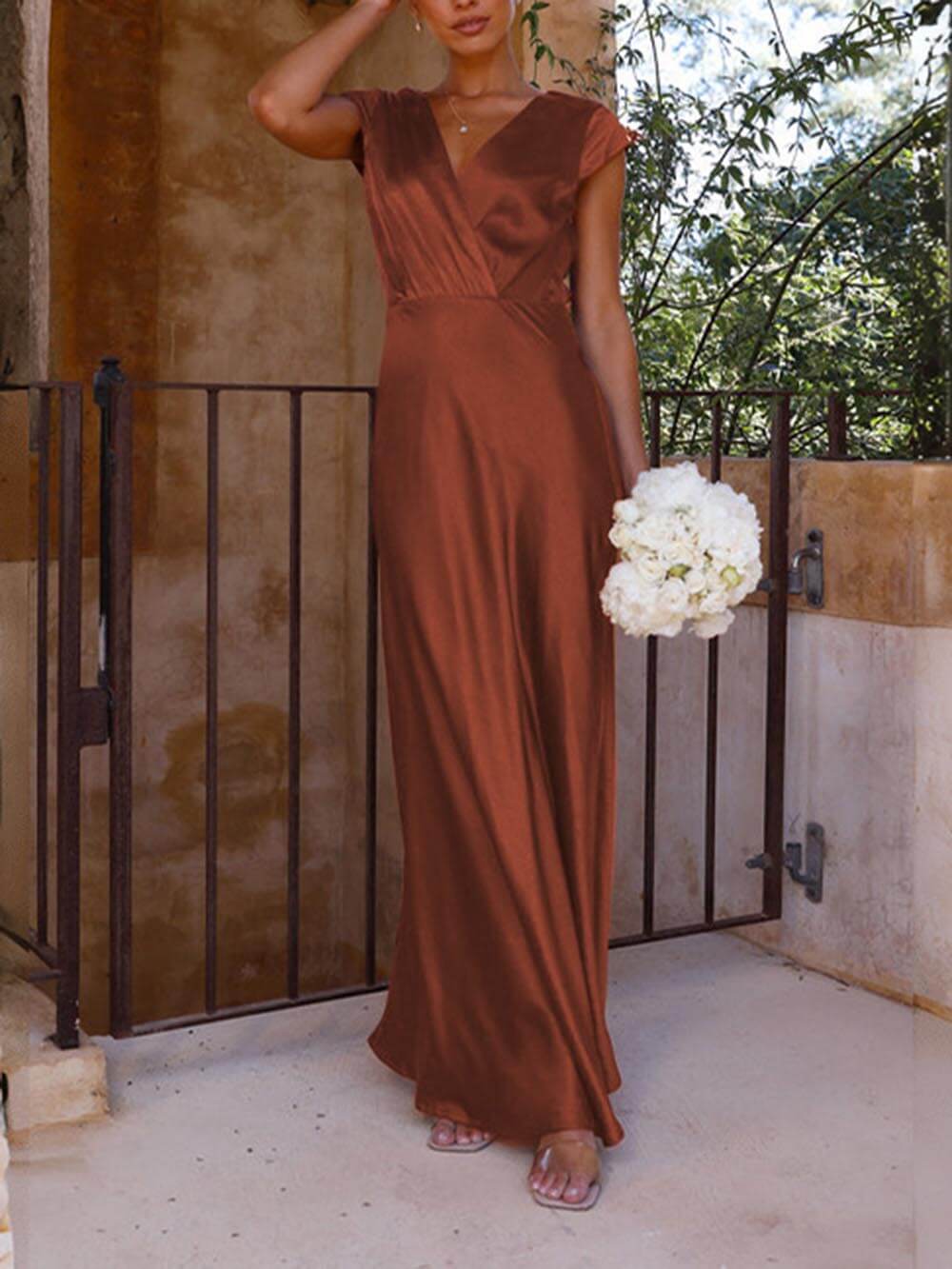 Luxury Satin Maxi Dress with Wrap Neck and V Neckline for Women