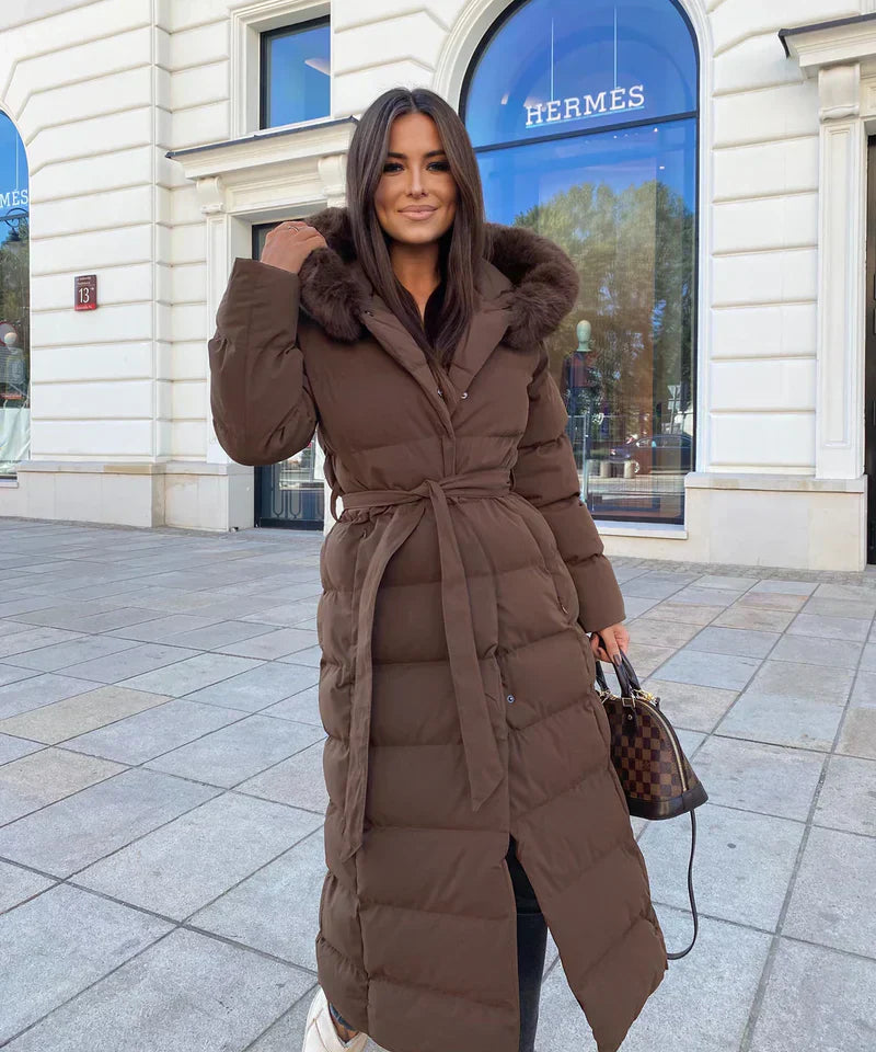 Lange Puffer Winterjas met Capuchon en Bontkraag voor Vrouwen