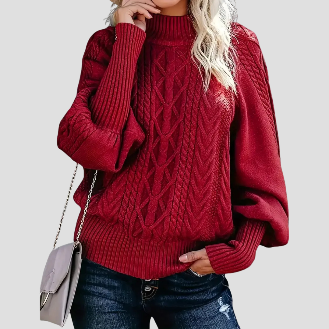 Pull col roulé torsadé pour femme, chaud avec manches ballon