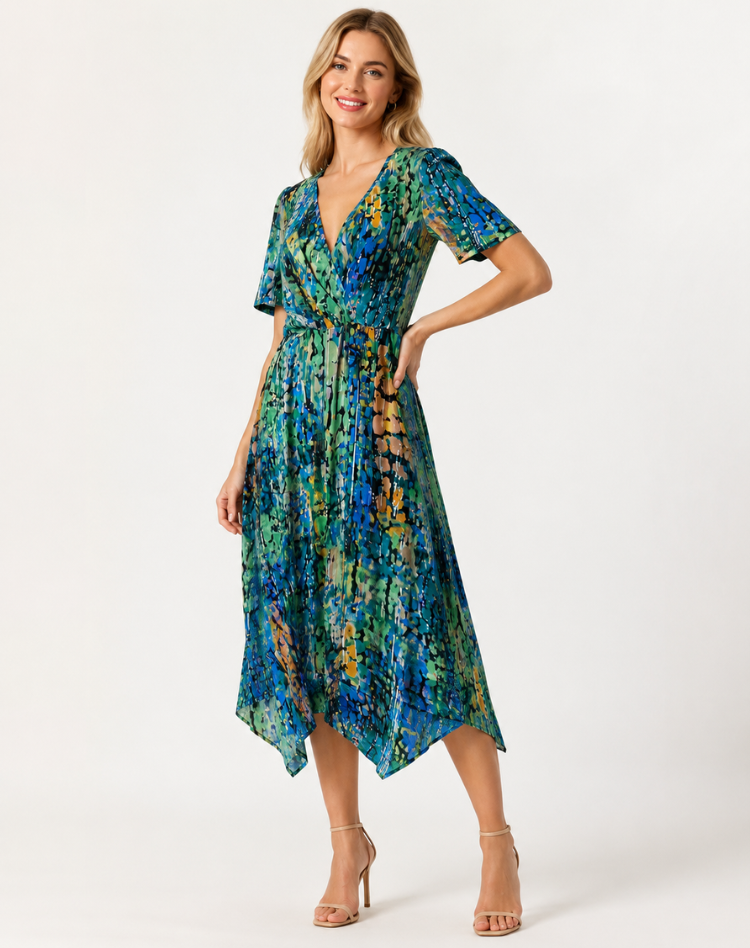 Cocktail Wrap Dress with V-Neck and Print for Women