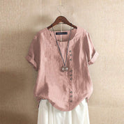 Linen Blouse with Short Sleeves and Button Closure for Women