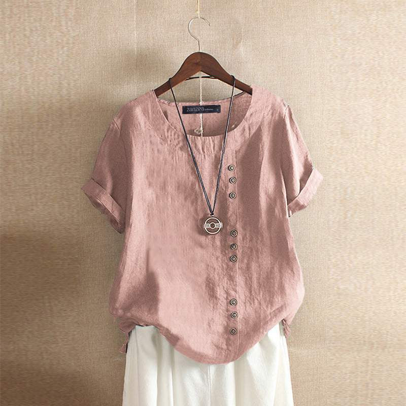 Linen Blouse with Short Sleeves and Button Closure for Women