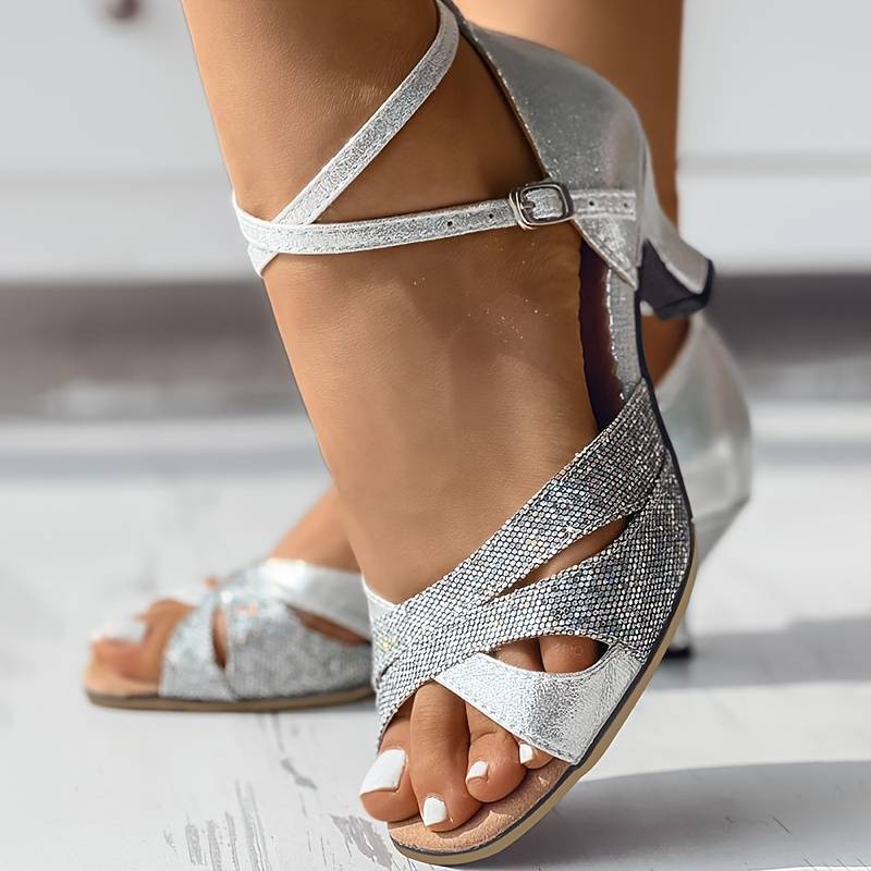 Women's Glitter Sandals with Cross Straps and Heel